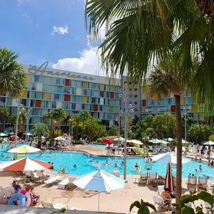 a large pool surrounded by palm trees