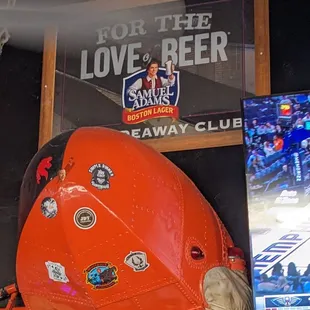 a helmet and a tv