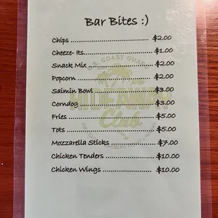 Updated bar food menu