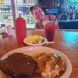 The Hideaway  meatloaf is Thursdays special. Real mashed potatoes. Ashley always has a smile.