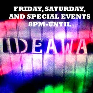 a neon sign that reads friday, saturday, and special events
