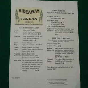 Our new menu Hideaway tavern