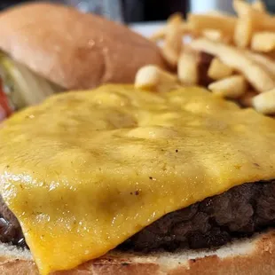 Cheeseburger and shoestring French fries