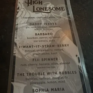 Seasonal Cocktail Menu