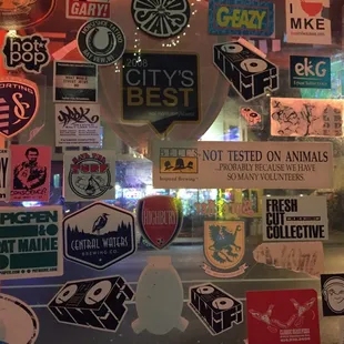 a wall full of stickers