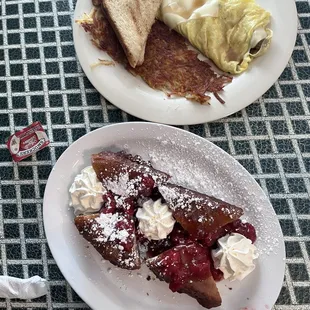 Omelette hash browns toast and stuffed french toast
