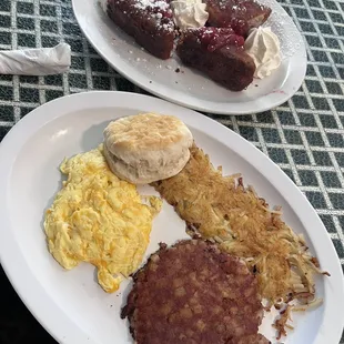 Corned beef hash, biscuitc hash browns and scrambled eggs-- stuffed French toast