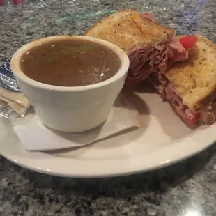 Hot ham and cheese sandwich with beef barley soup special. $11.
