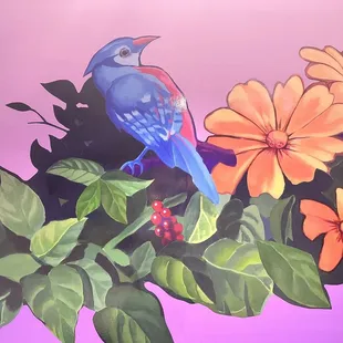 a painting of a blue bird perched on a branch of flowers