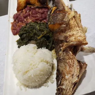 Branzino fish red beans & rice, plantains and collard greens!