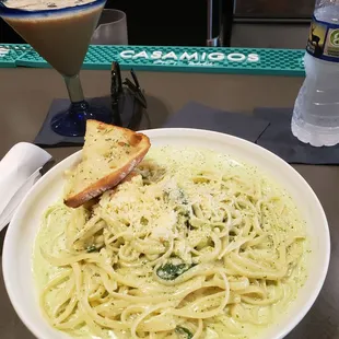 Pesto shrimp pasta!  So delicious
