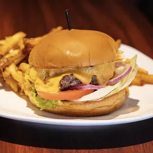 a cheeseburger and fries