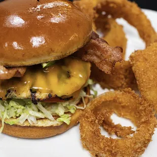 a burger and onion rings