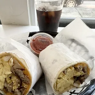 two burritos and a drink