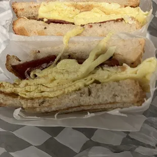 Turkey bacon and egg breakfast sandwich on rye