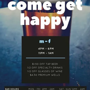 a pint of beer with the words come get happy