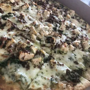 Pesto chicken pizza (during Friday happy hour on the patio)