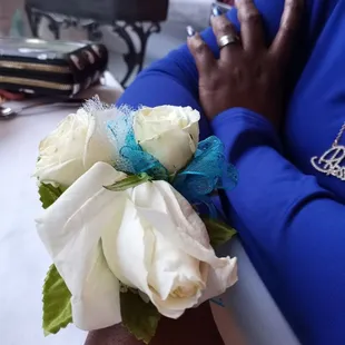 Gave her a wrist corsage to wear at the dinner we walked around in the garden area by the pond