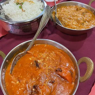 Chicken tikka masala: Great blend of spices and well flavored creamy sauce. Can get different levels of spice.