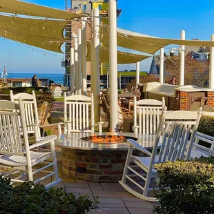 Outside patio fire pit with an ocean view
