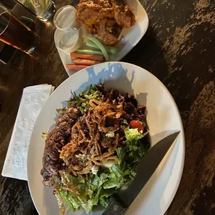 Buffalo wings and the steak salad