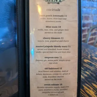 Cocktail menu