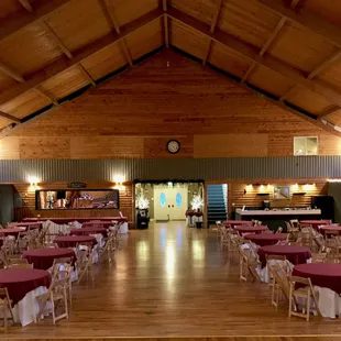 The Pinecrest Event Center. Beautiful hardwood floors ,surrounded with knotty pine walls and high vaulted ceiling.