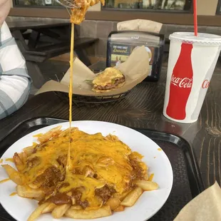 Chile cheese fries just look at that cheese pull