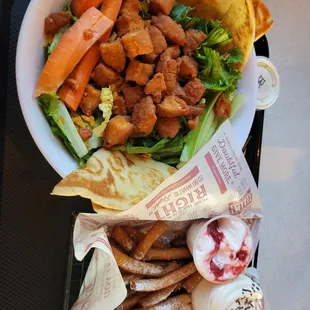 Buffalo chicken salad and funnel fries.