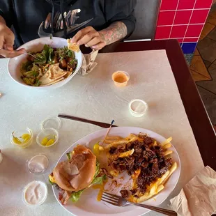 Salad tri tip fries and Cali burger yum