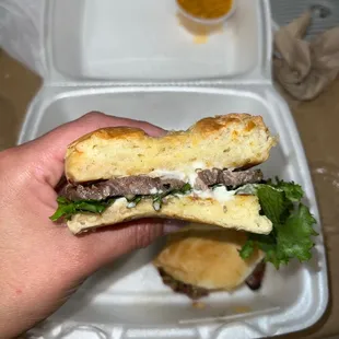 Steak sandwiched with no tomato. It&apos;s got good flavor and the meat isn&apos;t fatty. I thought it would be a bigger. More Bread to meat ratio.