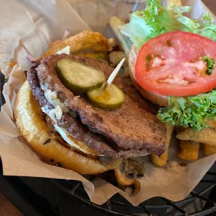 a hamburger and fries