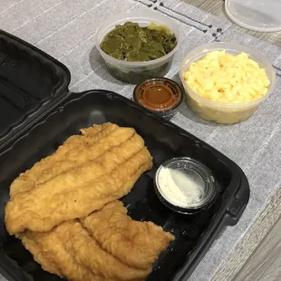Fried Catfish, Mac and Cheese, Collard Greens