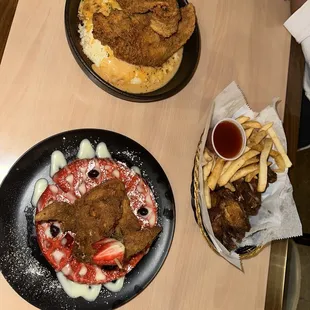 Red Velvet Chicken and Waffle / Fried Catfish and Grits / 10 Wings and Fries