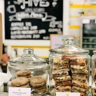 a display of cookies and pastries