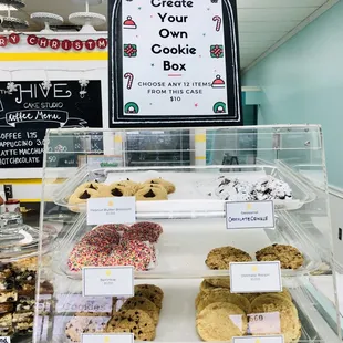 a display of cookies and pastries
