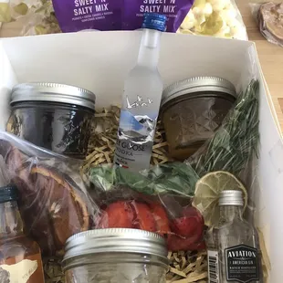 Our finished boxed with my alcohol choices!