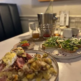 "Boring Bene" with pesto &amp; micro greens on avocado toast, and of course, the seasonal mimosa flight.