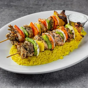 CHICKEN KEBABS WITH GREEK RICE