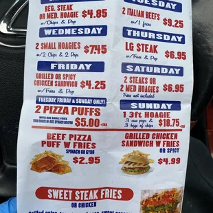 Menu with deals.