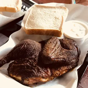 1/2 smoke chicken w/ beans, coleslaw, white bread