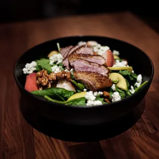 Duck Spinach Salad A True Dynamic Delight Featuring Duck Breast Seasoned To Perfection w/ A Blend Of Texture &amp; Flavor Balance Sure To Please