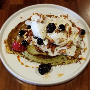 Matcha Tea Pancakes with House Made Whipped Cream and Berry Compote