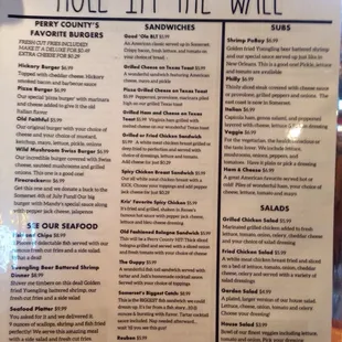 a menu for the hole in the wall