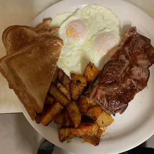 NY strip with eggs potato and toast $9.95