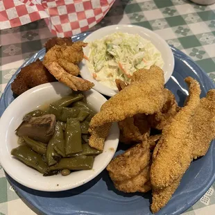 Half &amp; Half Seafood Platter (catfish, shrimp, hush puppies, coleslaw, and green beans