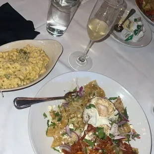 Chilaquiles and green chile Mac and cheese