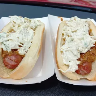 Two slaw dogs with chili. Definitely a 20 out of 10!