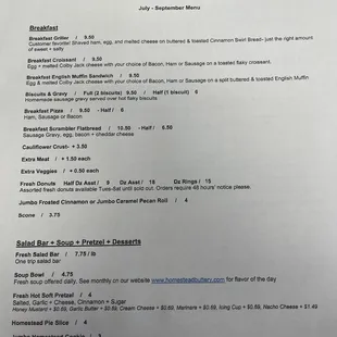 Menu as of 9/12/22