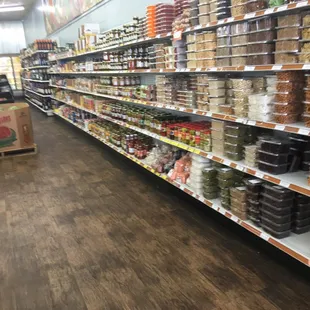 Bulk foods, condiments, sauces and more, and wine at the end